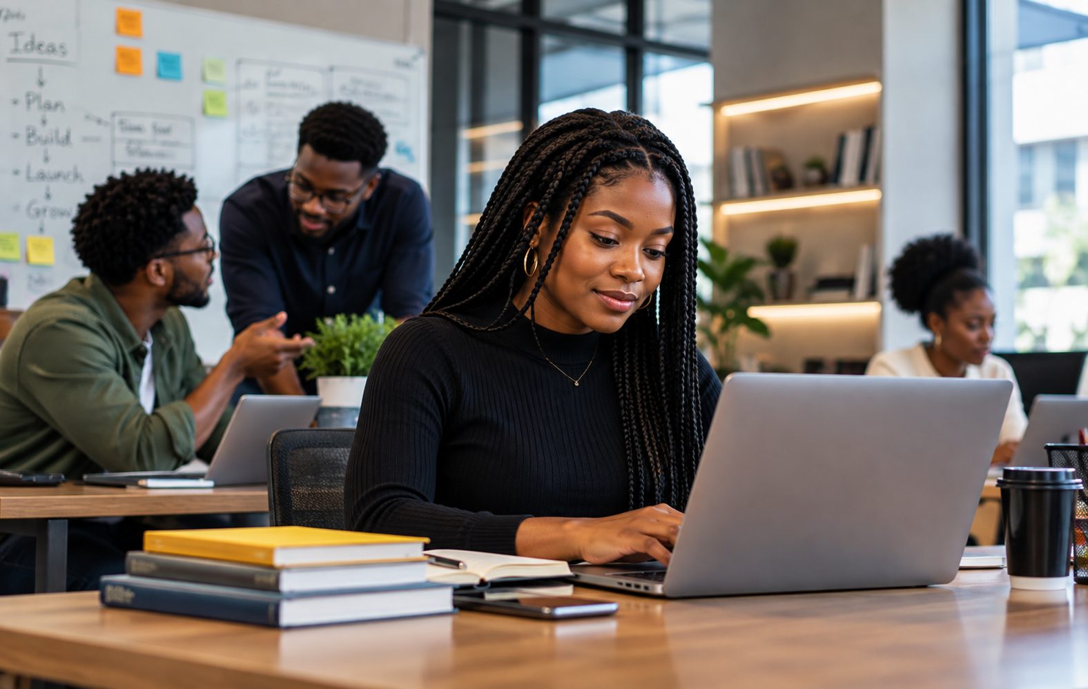 A young woman working on her laptop in a busy co-working space