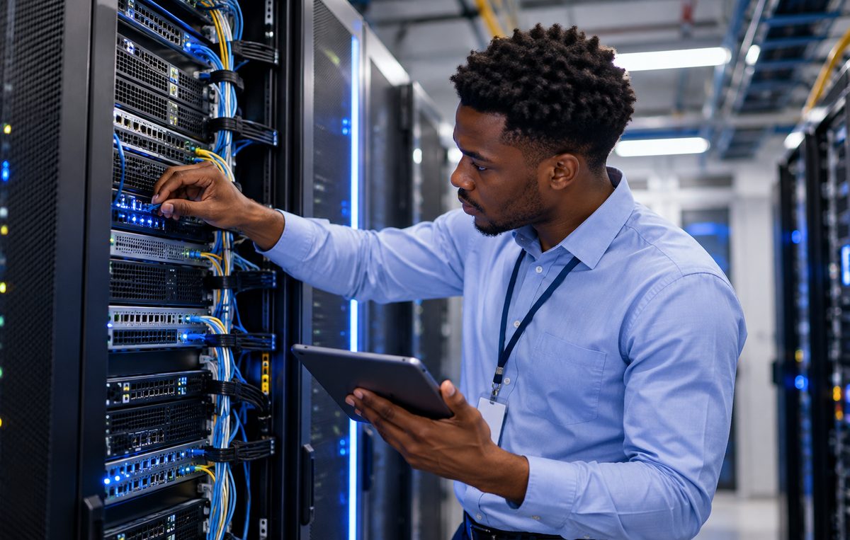 An engineer checking server racks in a data centre with a tablet