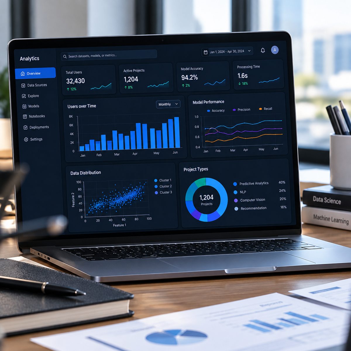 An analytics dashboard with charts and model metrics on a laptop