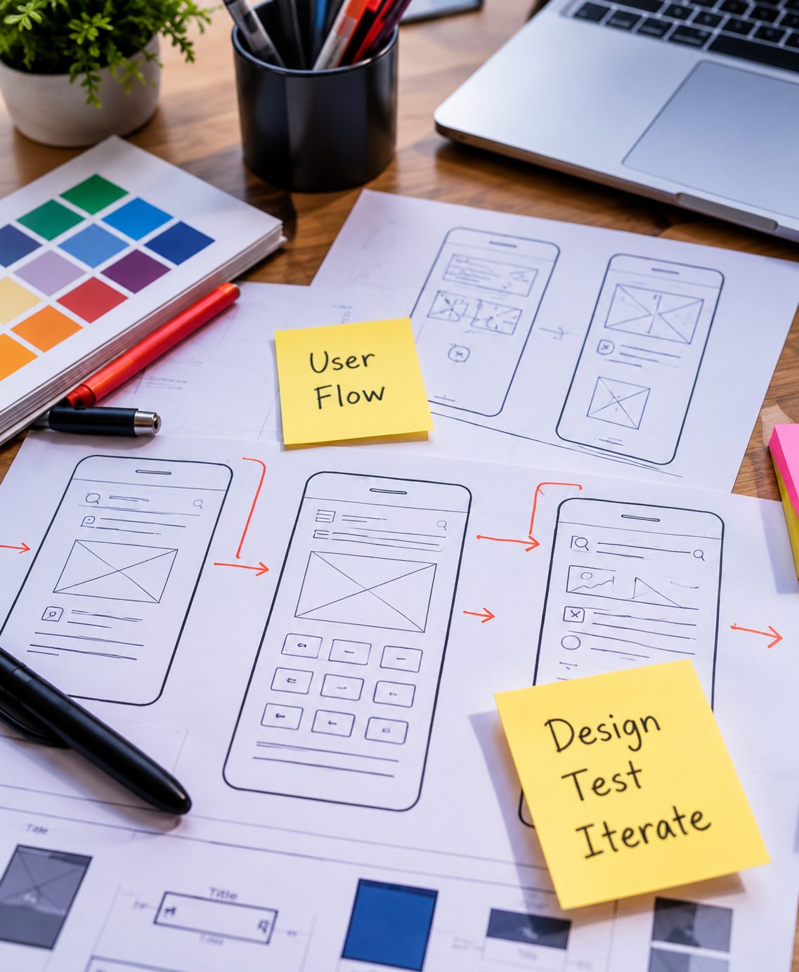 Hand-drawn mobile wireframes with user-flow sticky notes