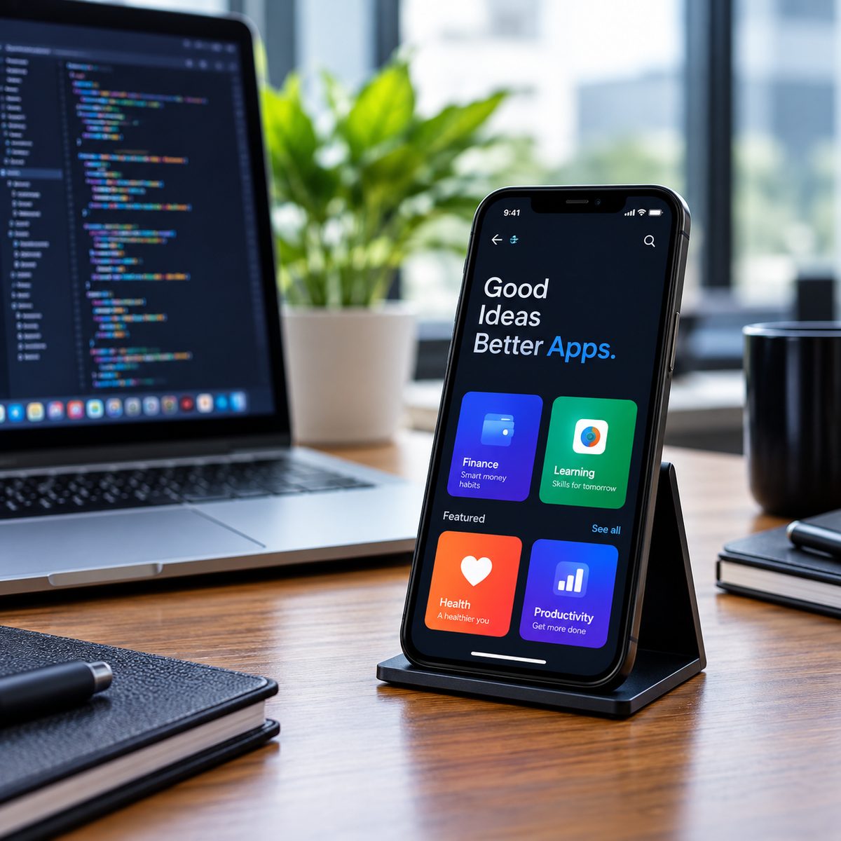 A phone on a stand showing an app, with code open on a laptop behind it