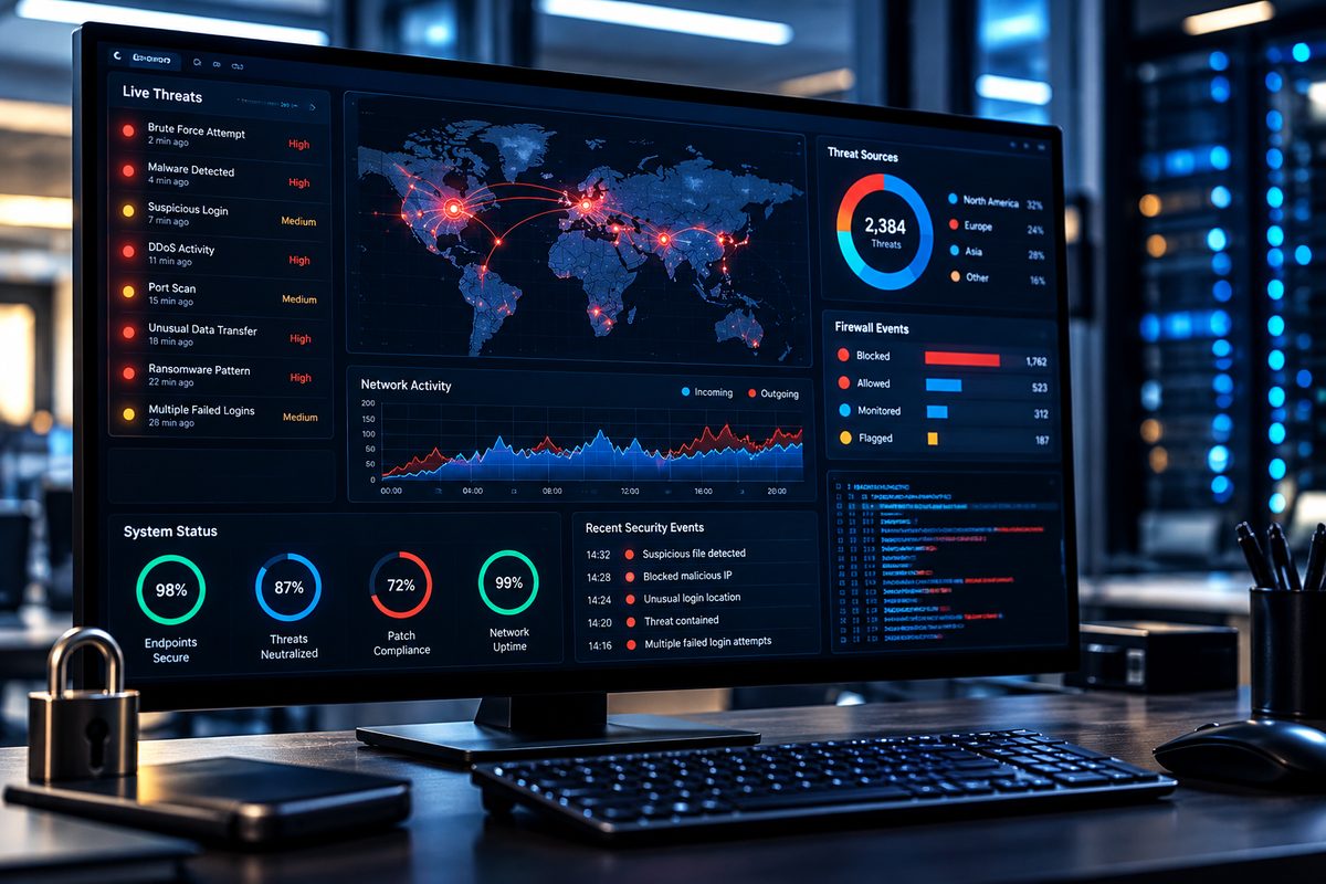 A security operations dashboard showing live threats