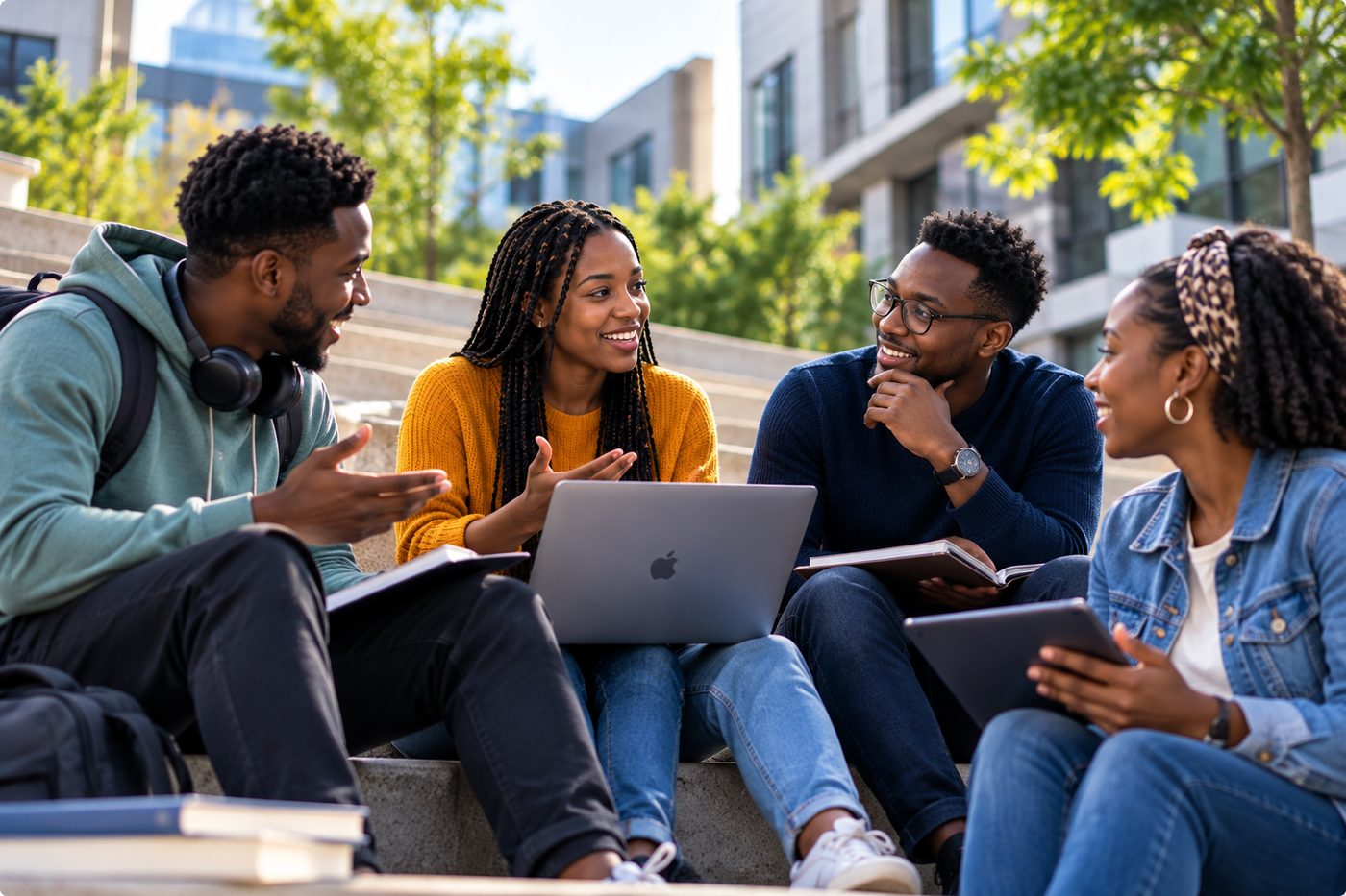 Four friends laughing and talking on campus steps with a laptop