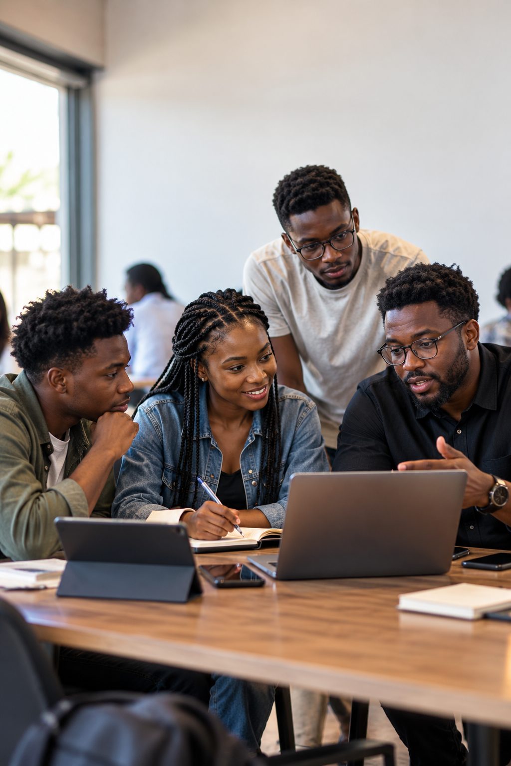 A mentor walking three mentees through something on a laptop